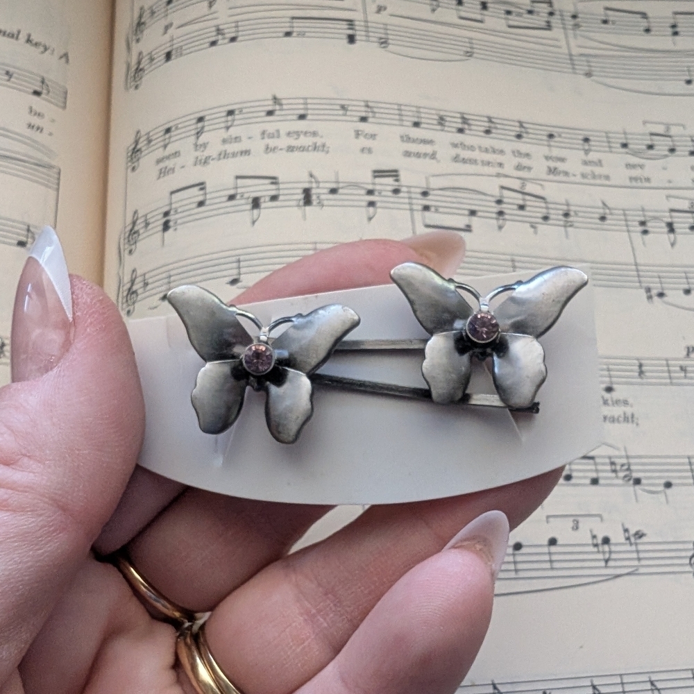 Silver Butterfly Hair Clips With Purple Stone - Picture 1 of 6
